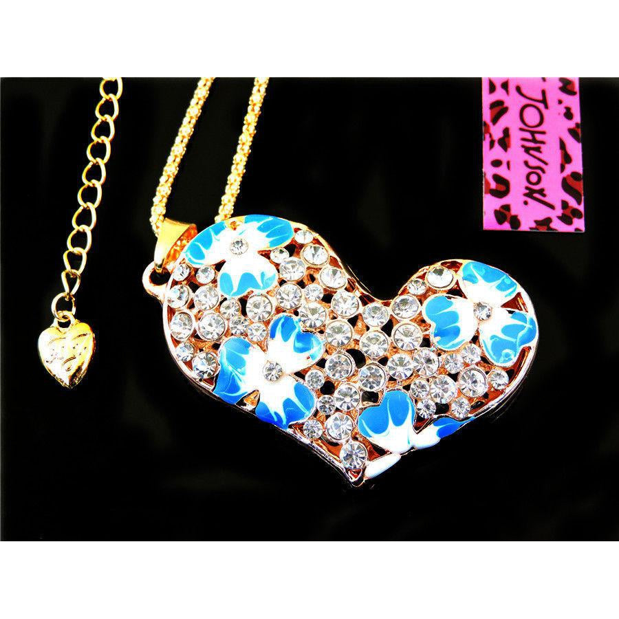 Betsey Johnson Crystal Blue Enamel Flower Heart Gold Necklace-Necklace-SPARKLE ARMAND