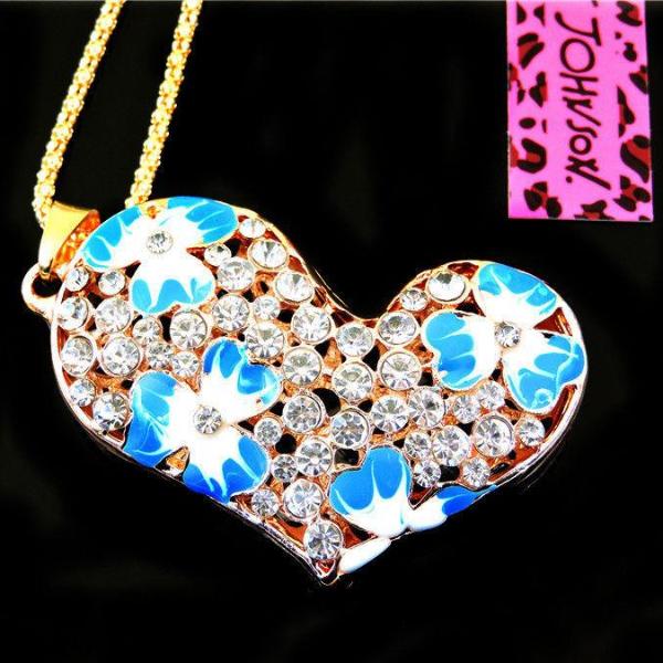 Betsey Johnson Crystal Blue Enamel Flower Heart Gold Necklace-Necklace-SPARKLE ARMAND