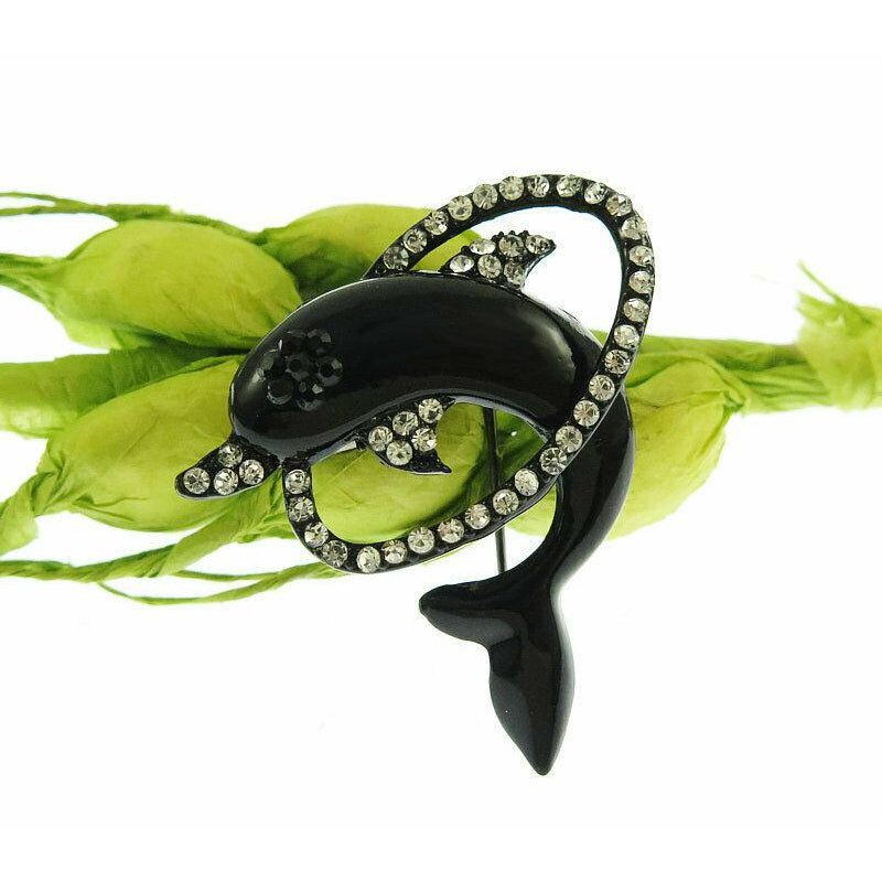 Betsey Johnson Dolphin With Rhinestone Hoop Brooch-Brooch-SPARKLE ARMAND