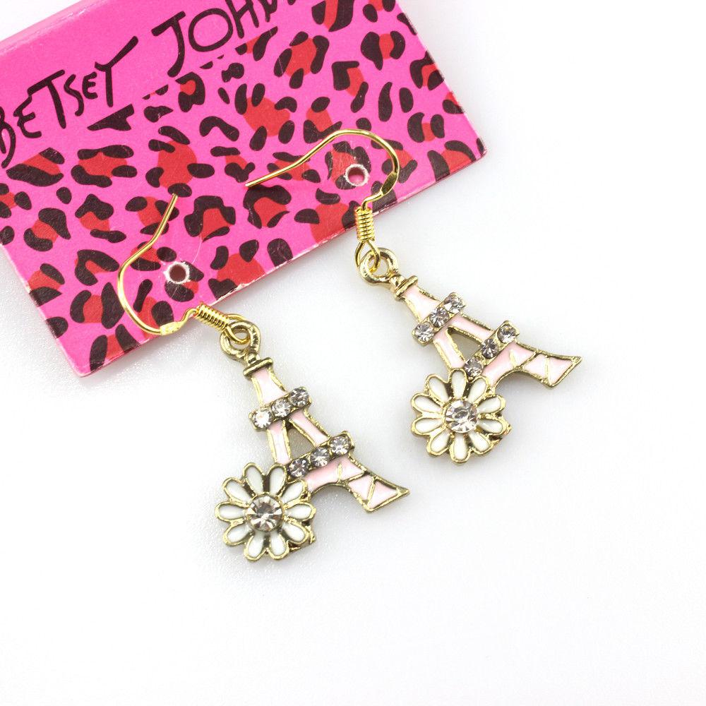 Betsey Johnson Eiffel Tower Pink Enamel Crystal Flower Earrings-Earring-SPARKLE ARMAND