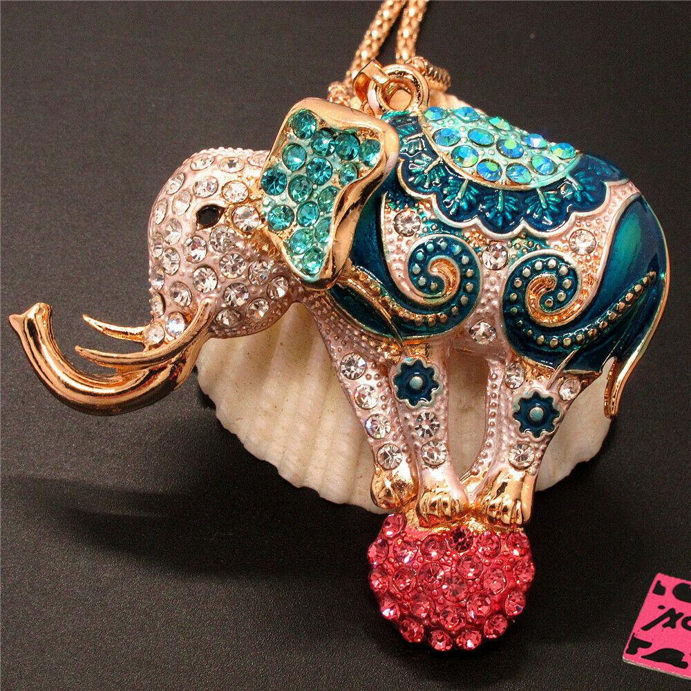 Betsey Johnson Elephant on Ball Multi-Color Crystal Rhinestone Gold Necklace-Necklace-SPARKLE ARMAND