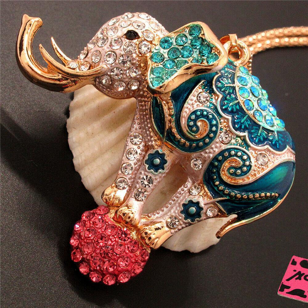 Betsey Johnson Elephant on Ball Multi-Color Crystal Rhinestone Gold Necklace-Necklace-SPARKLE ARMAND