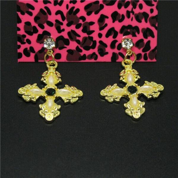 Betsey Johnson Enamel Cross Rhinestone Earrings-Earring-SPARKLE ARMAND