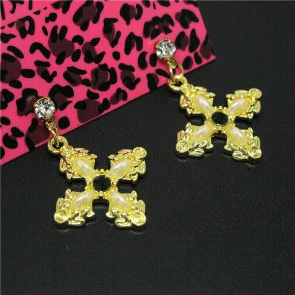 Betsey Johnson Enamel Cross Rhinestone Earrings-Earring-SPARKLE ARMAND