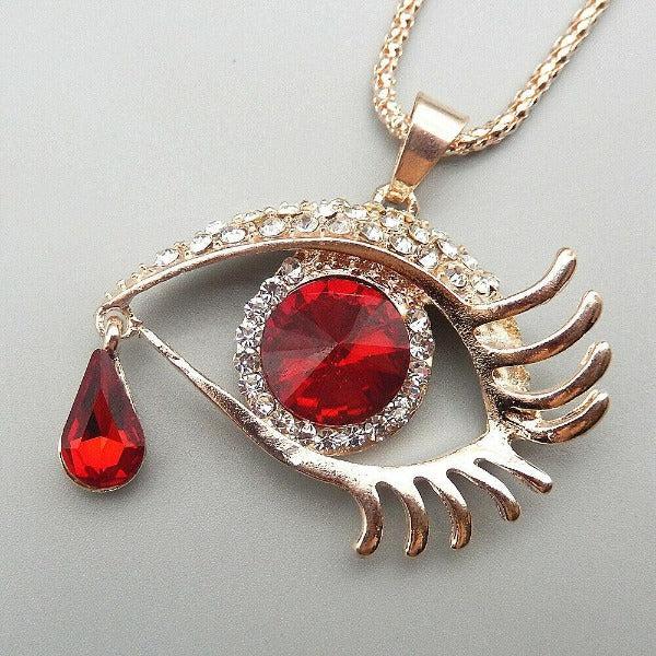 Betsey Johnson Evil Eye Read Teardrop Crystal Gold Pendant Necklace-Necklace-SPARKLE ARMAND
