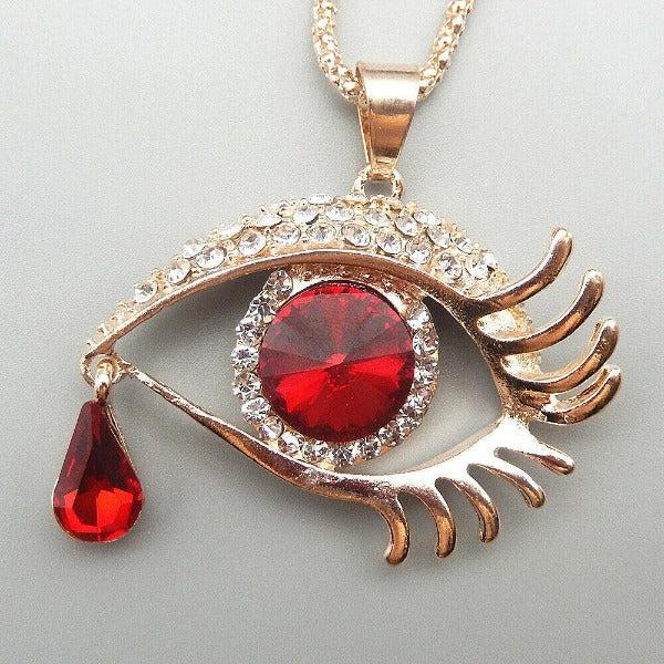 Betsey Johnson Evil Eye Read Teardrop Crystal Gold Pendant Necklace-Necklace-SPARKLE ARMAND