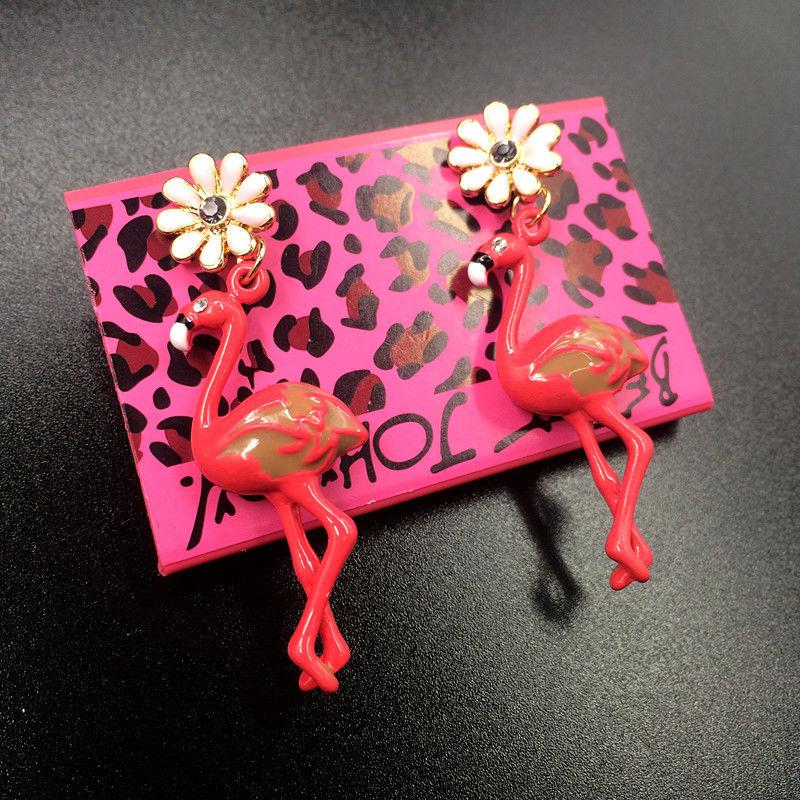 Betsey Johnson Flamingo Flower Rhinestone Earrings-Earring-SPARKLE ARMAND