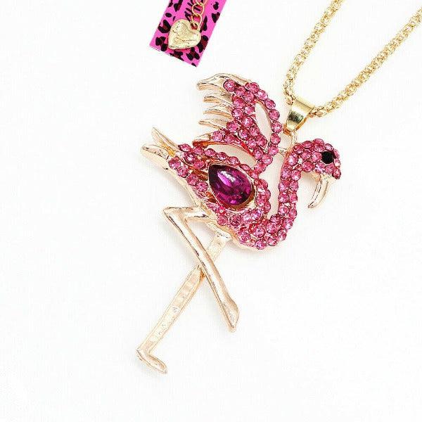 Betsey Johnson Flamingo Pink Rhinestone Gold Pendant Necklace-Necklace-SPARKLE ARMAND
