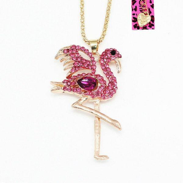 Betsey Johnson Flamingo Pink Rhinestone Gold Pendant Necklace-Necklace-SPARKLE ARMAND