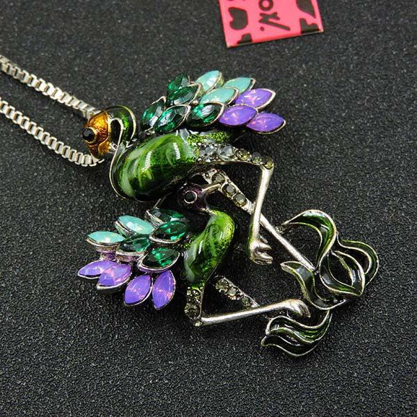 Betsey Johnson Flamingo Purple & Green With Baby Pendant Necklace-Necklace-SPARKLE ARMAND