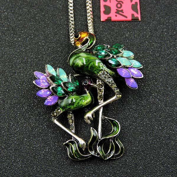 Betsey Johnson Flamingo Purple & Green With Baby Pendant Necklace-Necklace-SPARKLE ARMAND