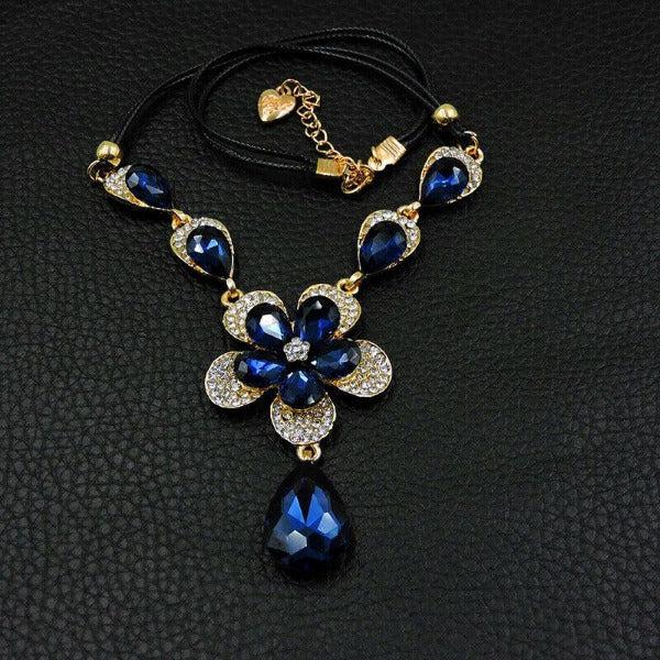 Betsey Johnson Flower Blue Teardrop Crystal Pendant Necklace-Necklace-SPARKLE ARMAND