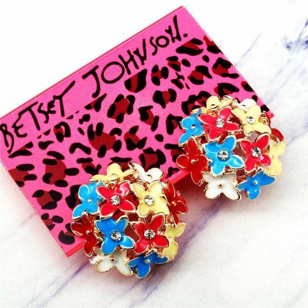 Betsey Johnson Flower Bouquet Multi-Color Crystal Lever Back Earrings-Earring-SPARKLE ARMAND