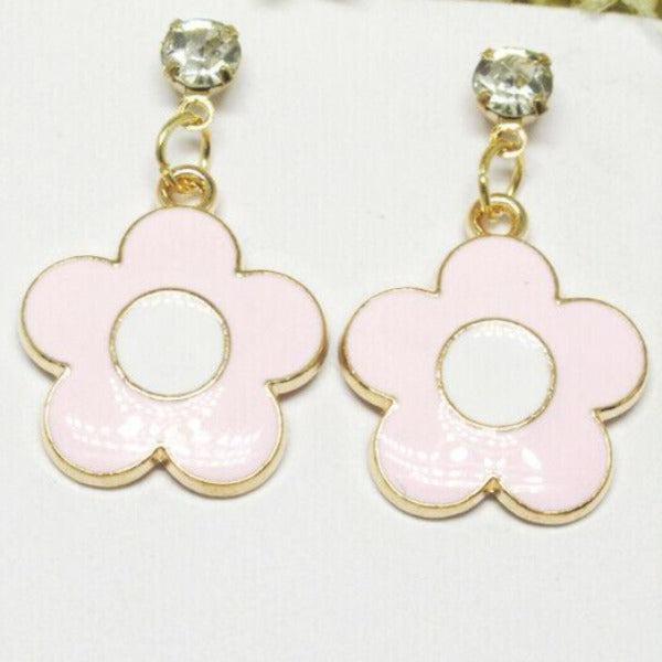 Betsey Johnson Flower Pink Enamel Rhinestone Earrings-Earring-SPARKLE ARMAND