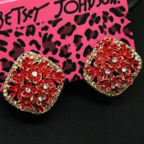 Betsey Johnson Flower Red Enamel Lever back Earrings-Earring-SPARKLE ARMAND