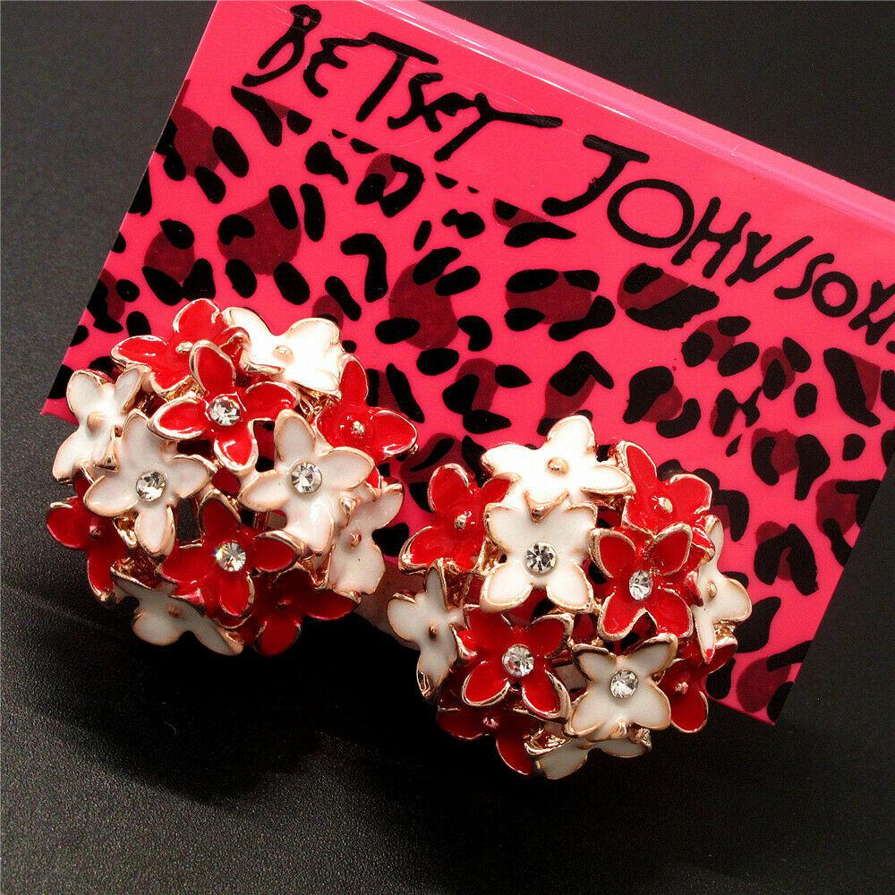 Betsey Johnson Flower Red & White Enamel Lever back Earrings-Earring-SPARKLE ARMAND