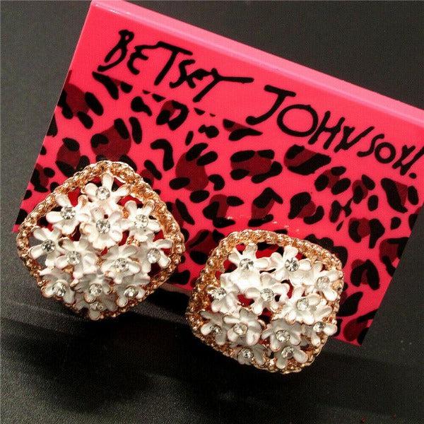 Betsey Johnson Flower White Enamel Lever back Earrings-Earring-SPARKLE ARMAND