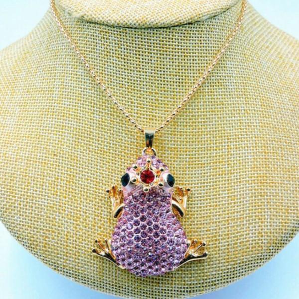 Betsey Johnson Frog Pink Crystal Red Jewel Crown Pendant Necklace-Necklace-SPARKLE ARMAND