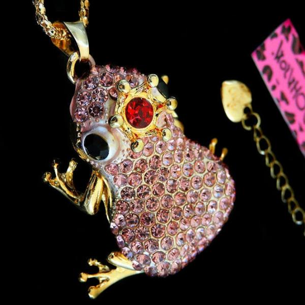 Betsey Johnson Frog Pink Crystal Red Jewel Crown Pendant Necklace-Necklace-SPARKLE ARMAND
