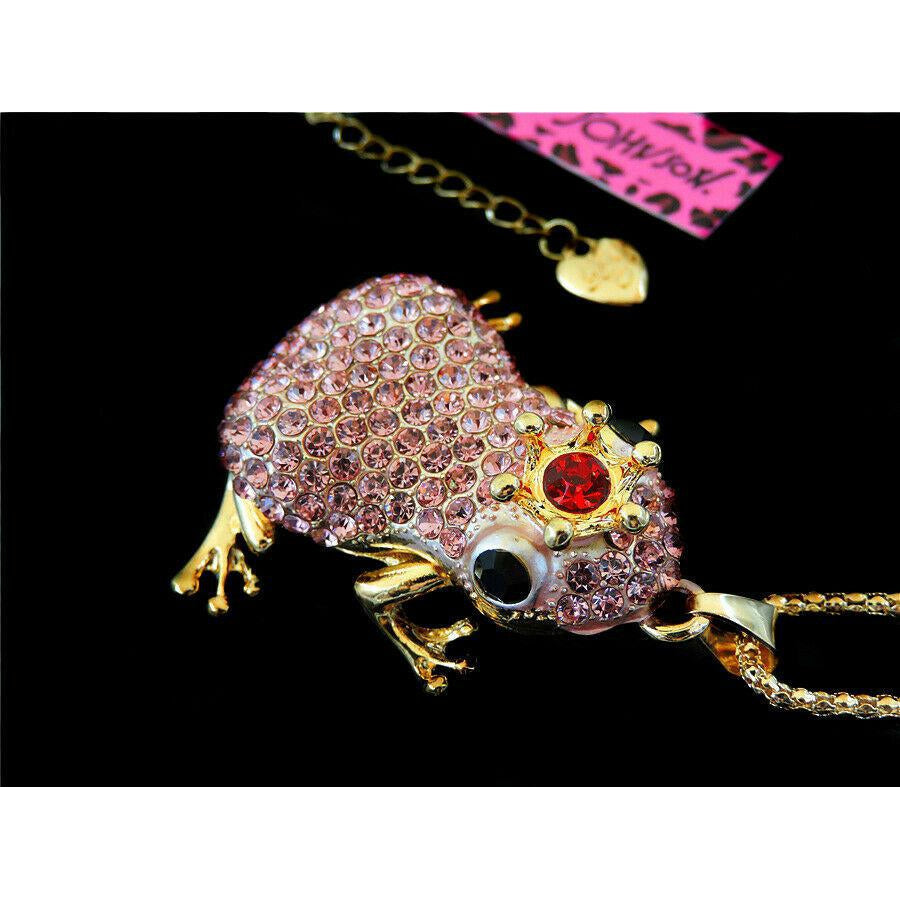Betsey Johnson Frog Pink Crystal Red Jewel Crown Pendant Necklace-Necklace-SPARKLE ARMAND