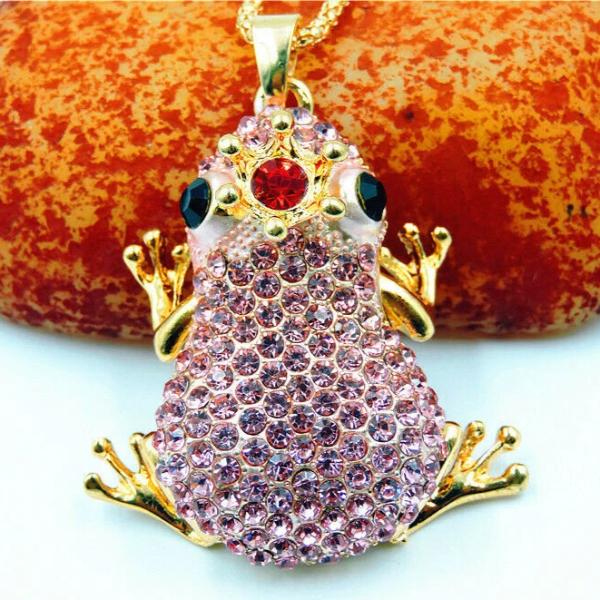 Betsey Johnson Frog Pink Crystal Red Jewel Crown Pendant Necklace-Necklace-SPARKLE ARMAND
