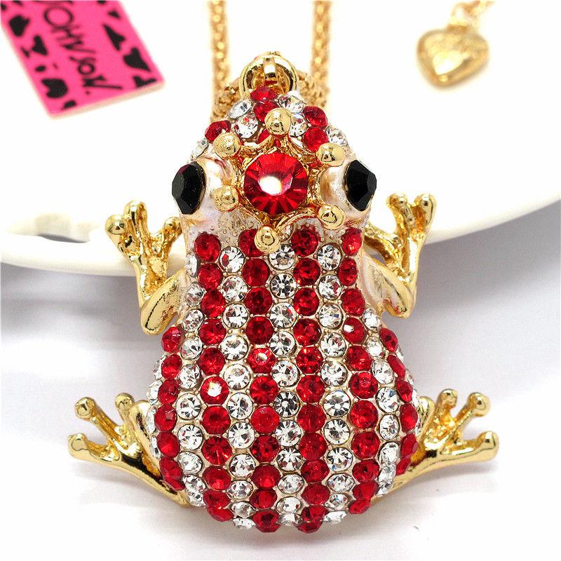 Betsey Johnson Frog Red & Clear Crystal Crowned Striped Necklace-Necklace-SPARKLE ARMAND
