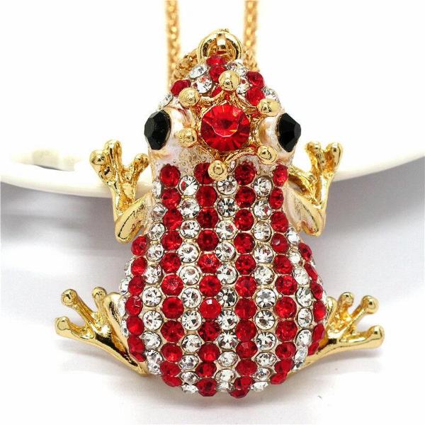 Betsey Johnson Frog Red & Clear Crystal Crowned Striped Necklace-Necklace-SPARKLE ARMAND