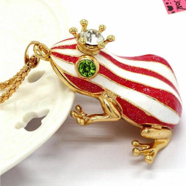 Betsey Johnson Frog Red & White Striped Enamel Crystal Crown Necklace-Necklace-SPARKLE ARMAND