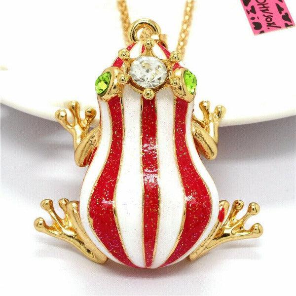 Betsey Johnson Frog Red & White Striped Enamel Crystal Crown Necklace-Necklace-SPARKLE ARMAND