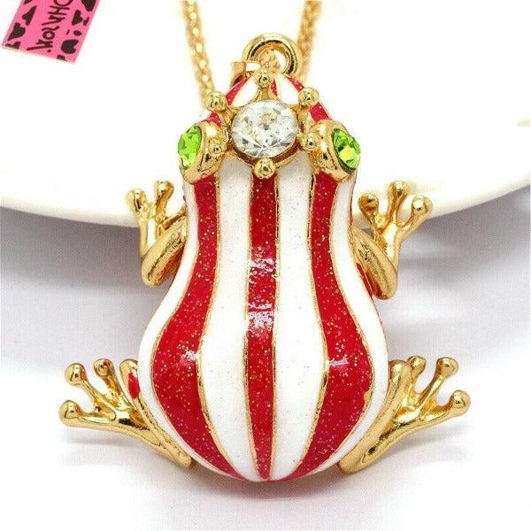 Betsey Johnson Frog Red & White Striped Enamel Crystal Crown Necklace-Necklace-SPARKLE ARMAND