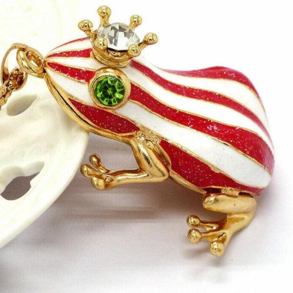 Betsey Johnson Frog Red & White Striped Enamel Crystal Crown Necklace-Necklace-SPARKLE ARMAND