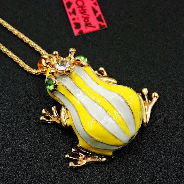 Betsey Johnson Frog Yellow & White Striped Enamel Crown Necklace-Necklace-SPARKLE ARMAND