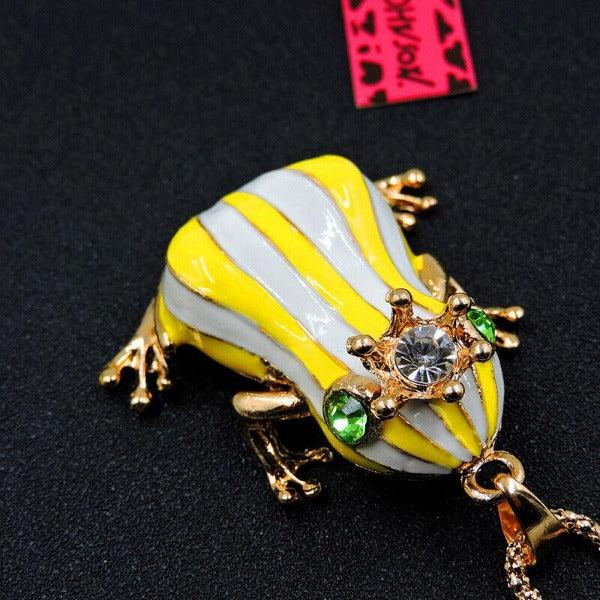 Betsey Johnson Frog Yellow & White Striped Enamel Crown Necklace-Necklace-SPARKLE ARMAND