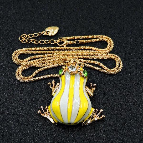 Betsey Johnson Frog Yellow & White Striped Enamel Crown Necklace-Necklace-SPARKLE ARMAND
