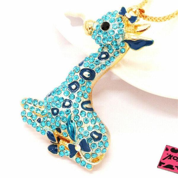 Betsey Johnson Giraffe Blue Rhinestone Gold Necklace-Necklace-SPARKLE ARMAND