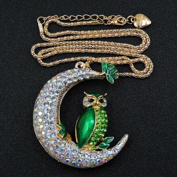 Betsey Johnson Green Owl Crystal Half Moon Gold Necklace-Necklace-SPARKLE ARMAND