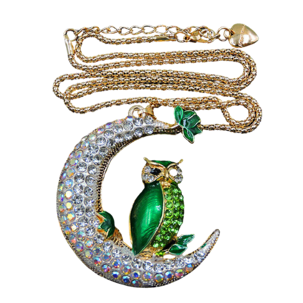 Betsey Johnson Green Owl Crystal Half Moon Gold Necklace-Necklace-SPARKLE ARMAND