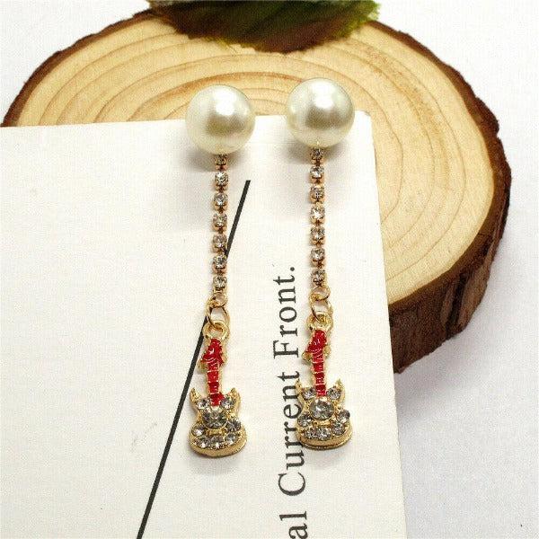 Betsey Johnson Guitar Red Enamel Rhinestone Earrings-Earring-SPARKLE ARMAND