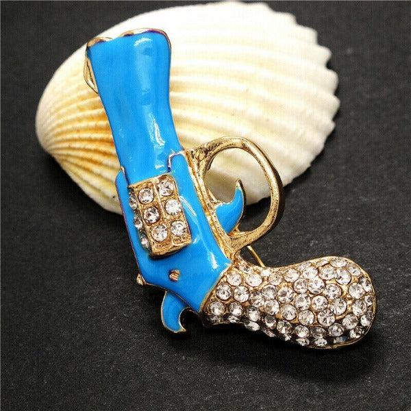 Betsey Johnson Gun Revolver Blue Enamel Rhinestone Brooch Pin-Brooch-SPARKLE ARMAND