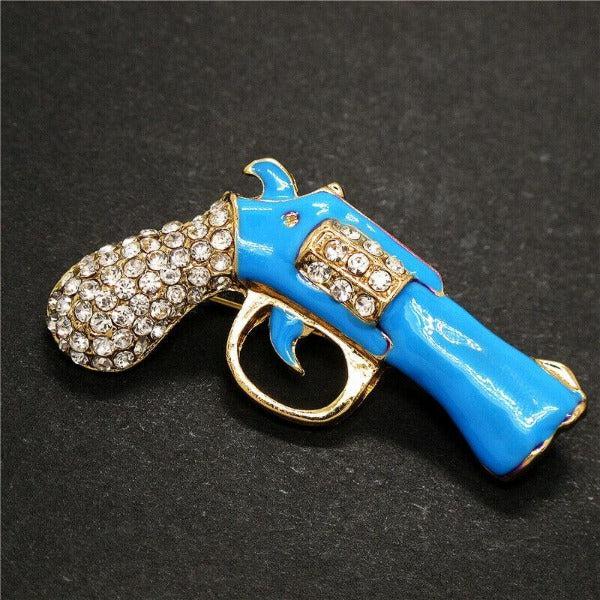 Betsey Johnson Gun Revolver Blue Enamel Rhinestone Brooch Pin-Brooch-SPARKLE ARMAND
