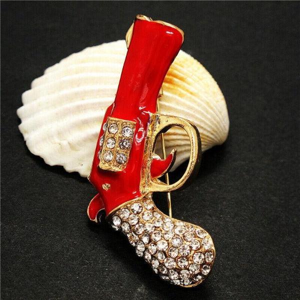 Betsey Johnson Gun Revolver Red Enamel Rhinestone Brooch Pin-Brooch-SPARKLE ARMAND