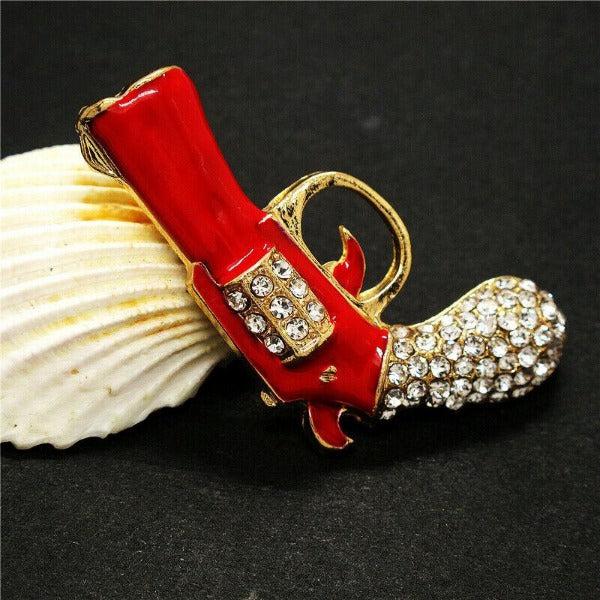 Betsey Johnson Gun Revolver Red Enamel Rhinestone Brooch Pin-Brooch-SPARKLE ARMAND