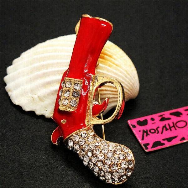 Betsey Johnson Gun Revolver Red Enamel Rhinestone Brooch Pin-Brooch-SPARKLE ARMAND