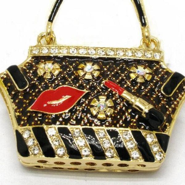 Betsey Johnson Handbag Black Purse Lipstick Lips Crystal Necklace-Necklace-SPARKLE ARMAND