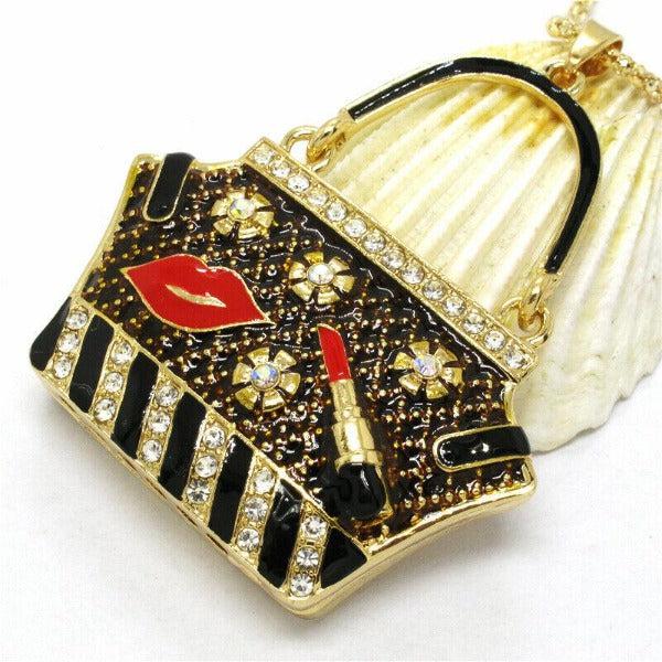 Betsey Johnson Handbag Black Purse Lipstick Lips Crystal Necklace-Necklace-SPARKLE ARMAND
