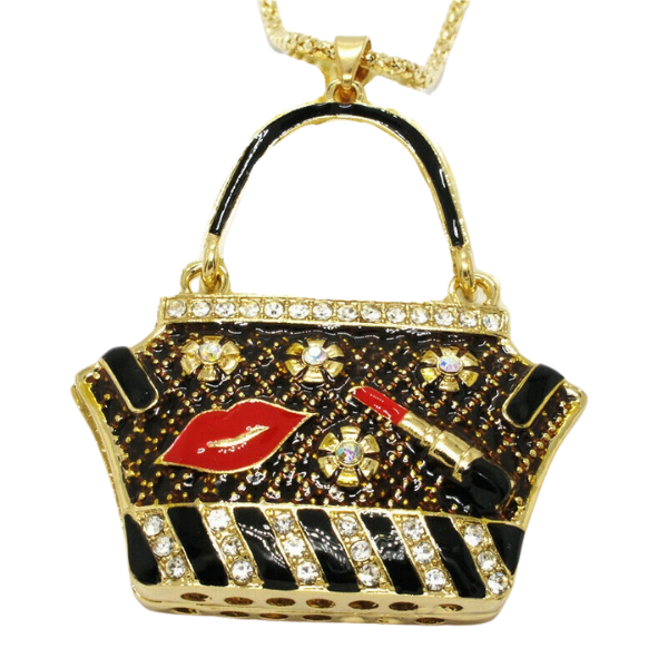 Betsey Johnson Handbag Black Purse Lipstick Lips Crystal Necklace-Necklace-SPARKLE ARMAND