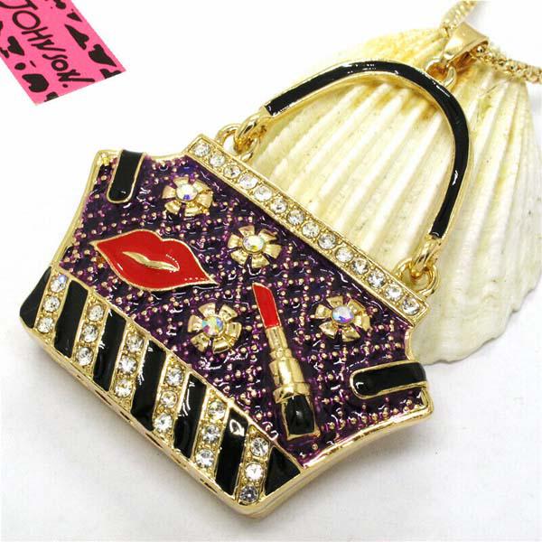 Betsey Johnson Handbag Purple Purse Lipstick Lips Crystal Necklace-Necklace-SPARKLE ARMAND