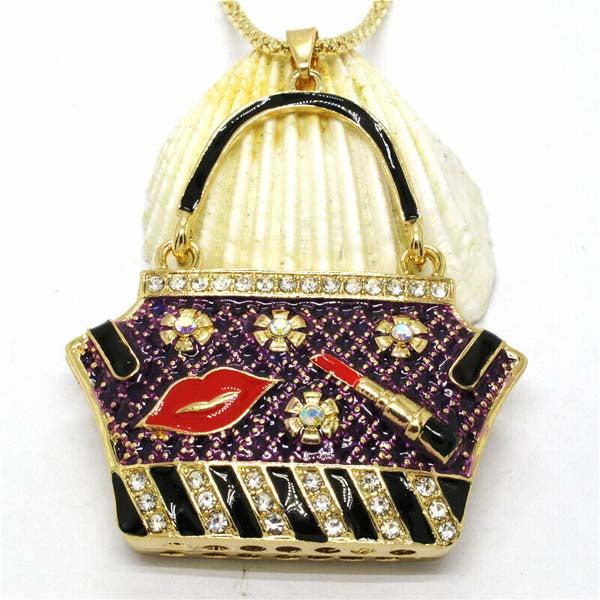 Betsey Johnson Handbag Purple Purse Lipstick Lips Crystal Necklace-Necklace-SPARKLE ARMAND