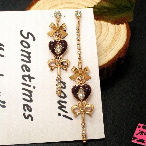 Betsey Johnson Heart Scepter Bow Mismatch Crystal Earrings-Earring-SPARKLE ARMAND