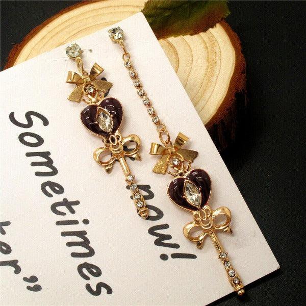 Betsey Johnson Heart Scepter Bow Mismatch Crystal Earrings-Earring-SPARKLE ARMAND